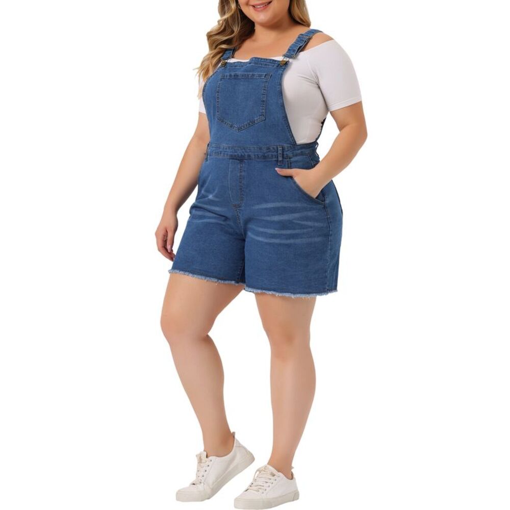 Plus Size Jumpsuit Overall Shorts Bib Raw Hem Pocket Jean Denim Pants Mid Blue
